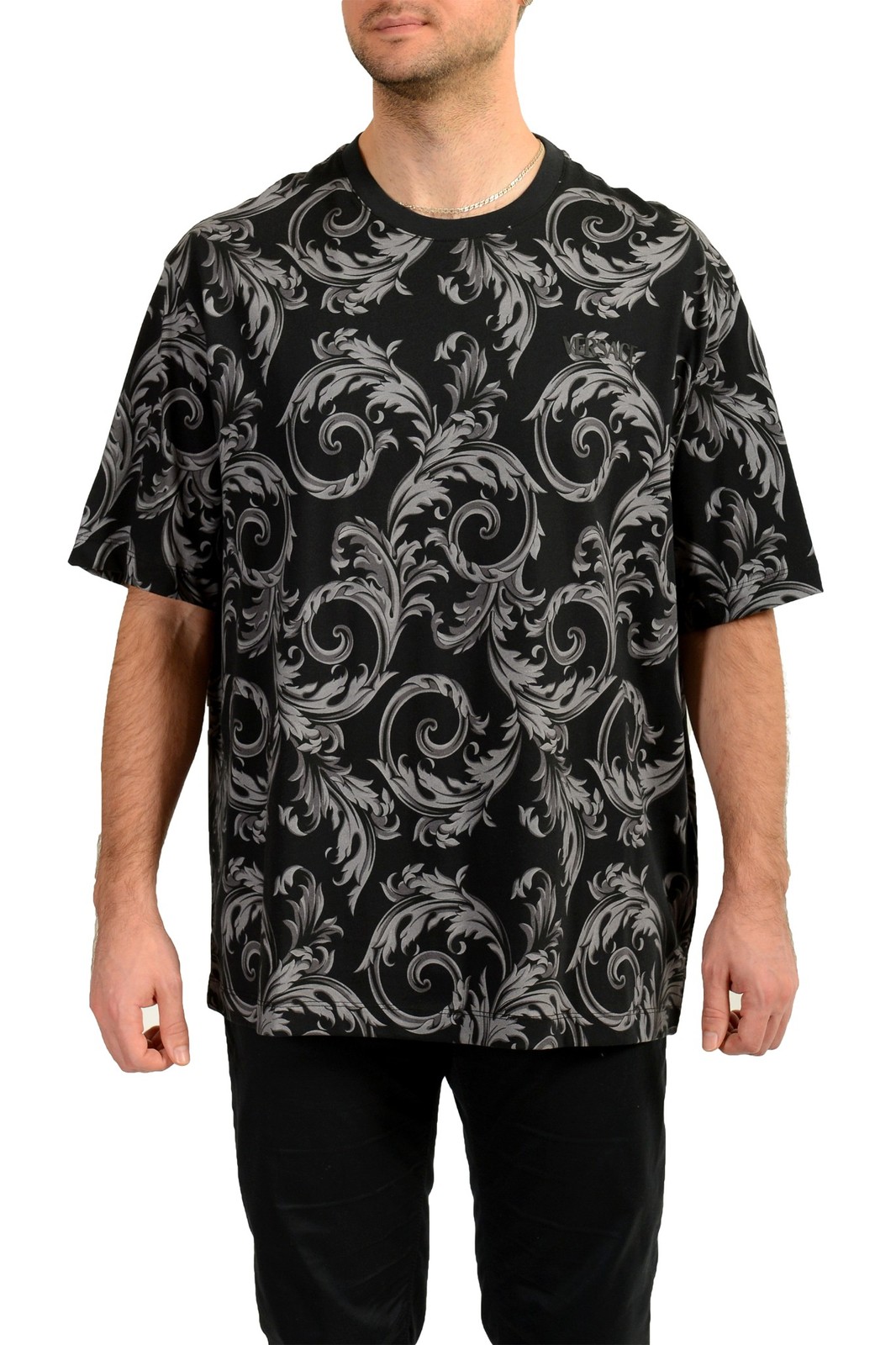 Versace Men’s Black Barocco Logo Print Short Sleeve T-Shirt US L IT 52