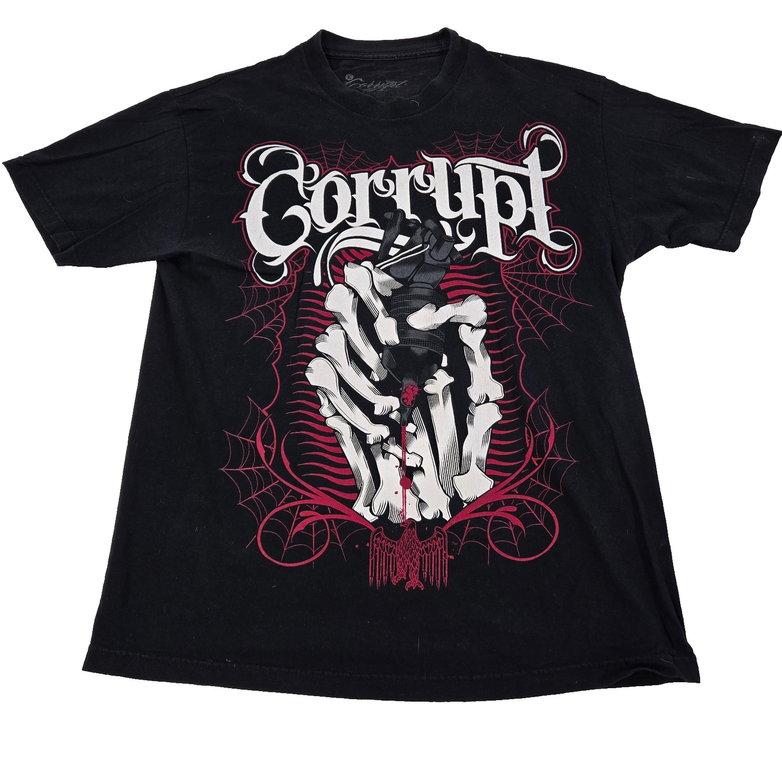 Corrupt Shirt Mens Large Black Y2K Grunge Skeleton Hand Grenade Spider Web