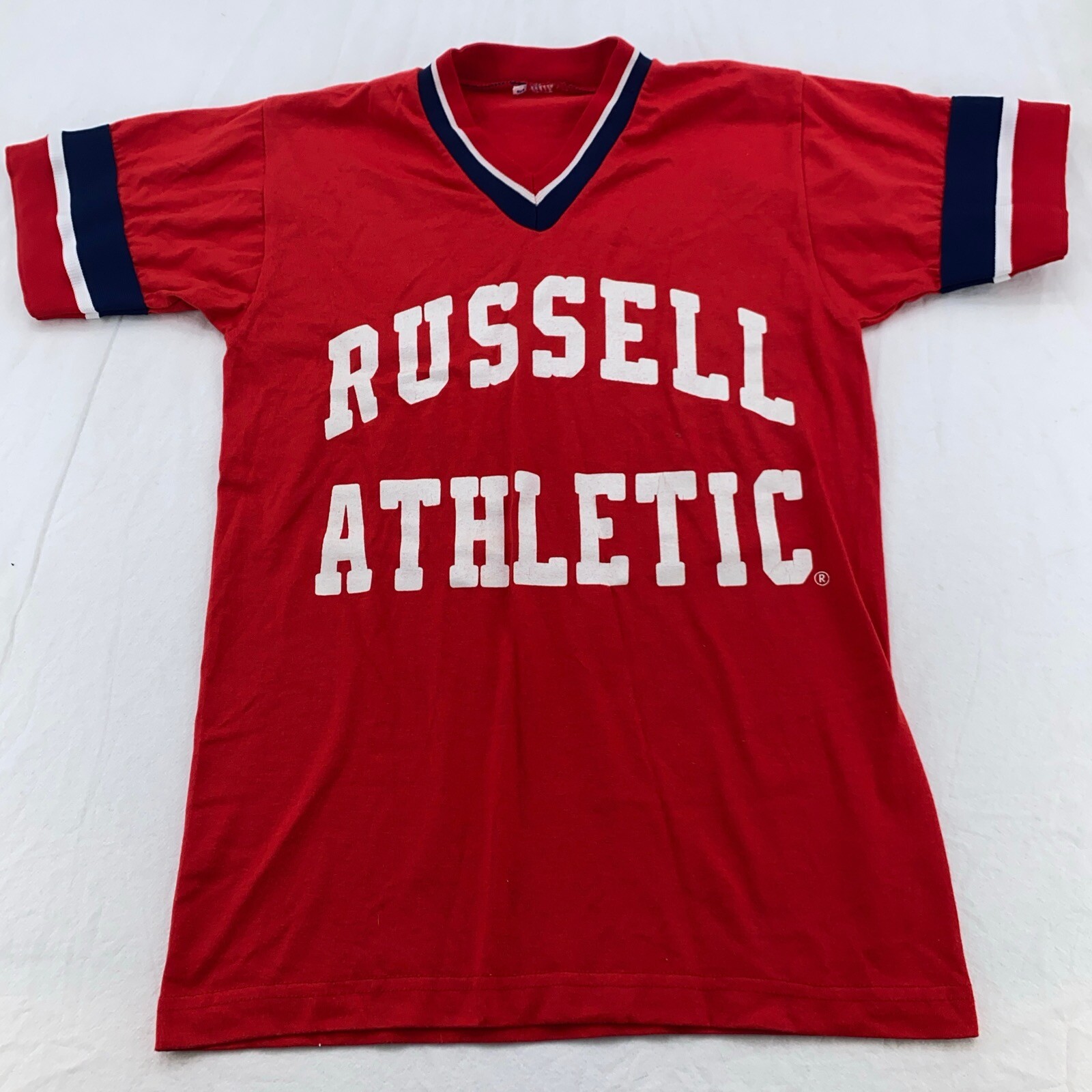 vtg 80s RUSSELL ATHLETIC BASEBALL JERSEY V NECK T-Shirt 2XS sports ringer