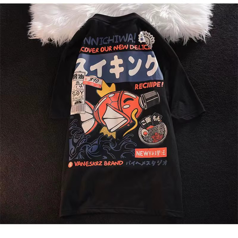 Hip Hop Streetwear T-Shirt Harajuku Japanese Kanji Funny Fish Printed Tshirt 202