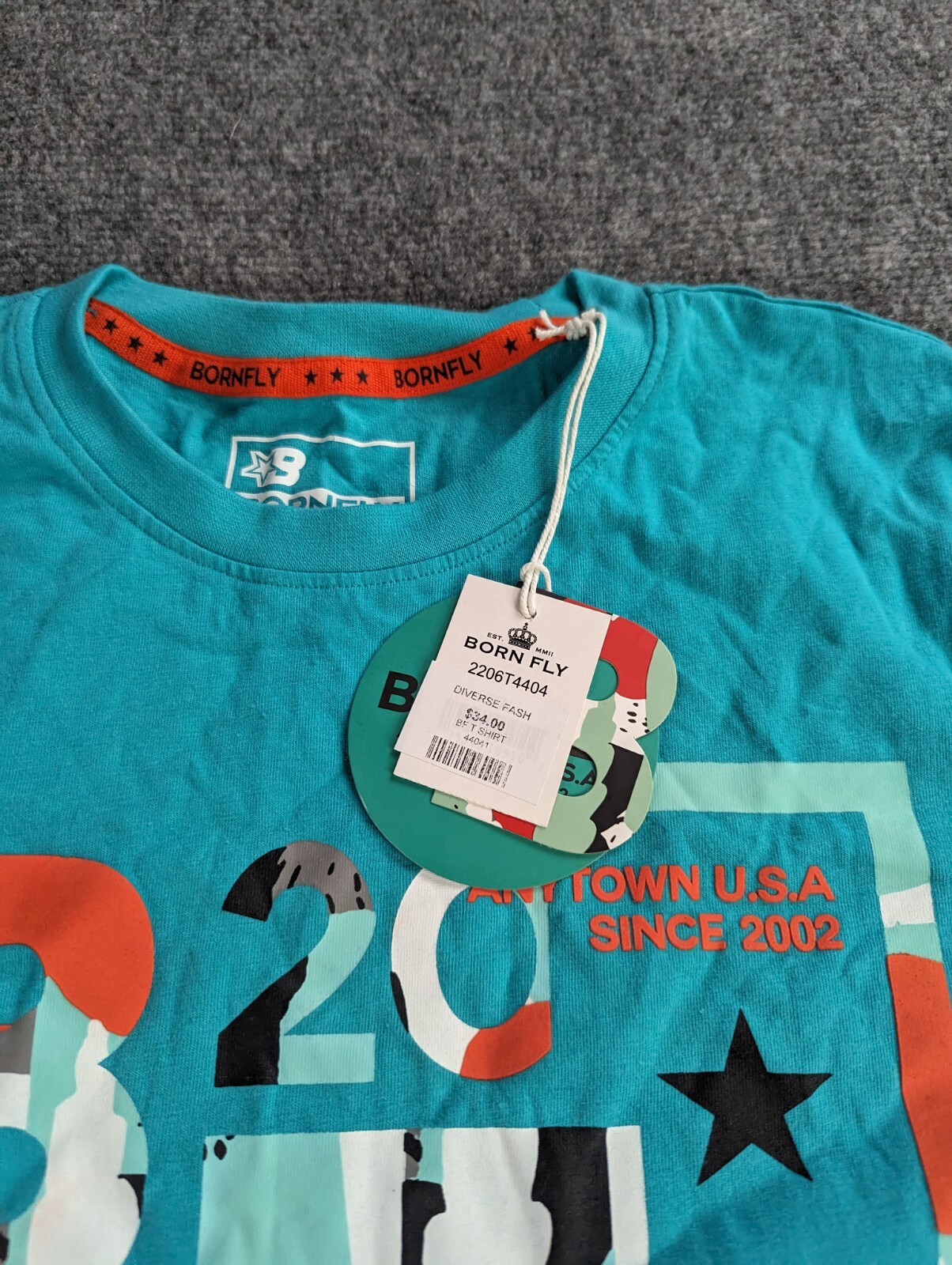 Born Fly T-shirt Mens Small Teal Anytown USA NWT