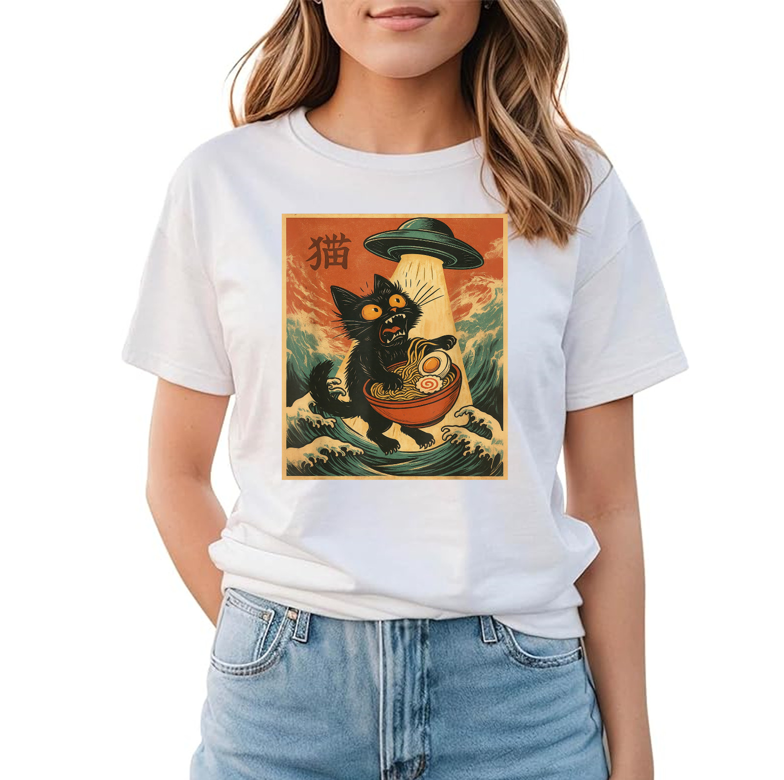 Cat Ramen UFO Funny Japanese Anime Tee Men Women Teens T-Shirt