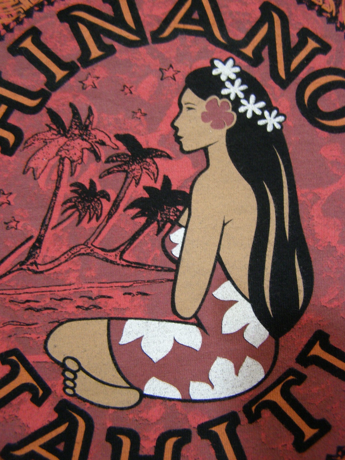 Hinano Tahiti Seated Island Girl T-Shirt Red Background Palms Black Shirt Size L