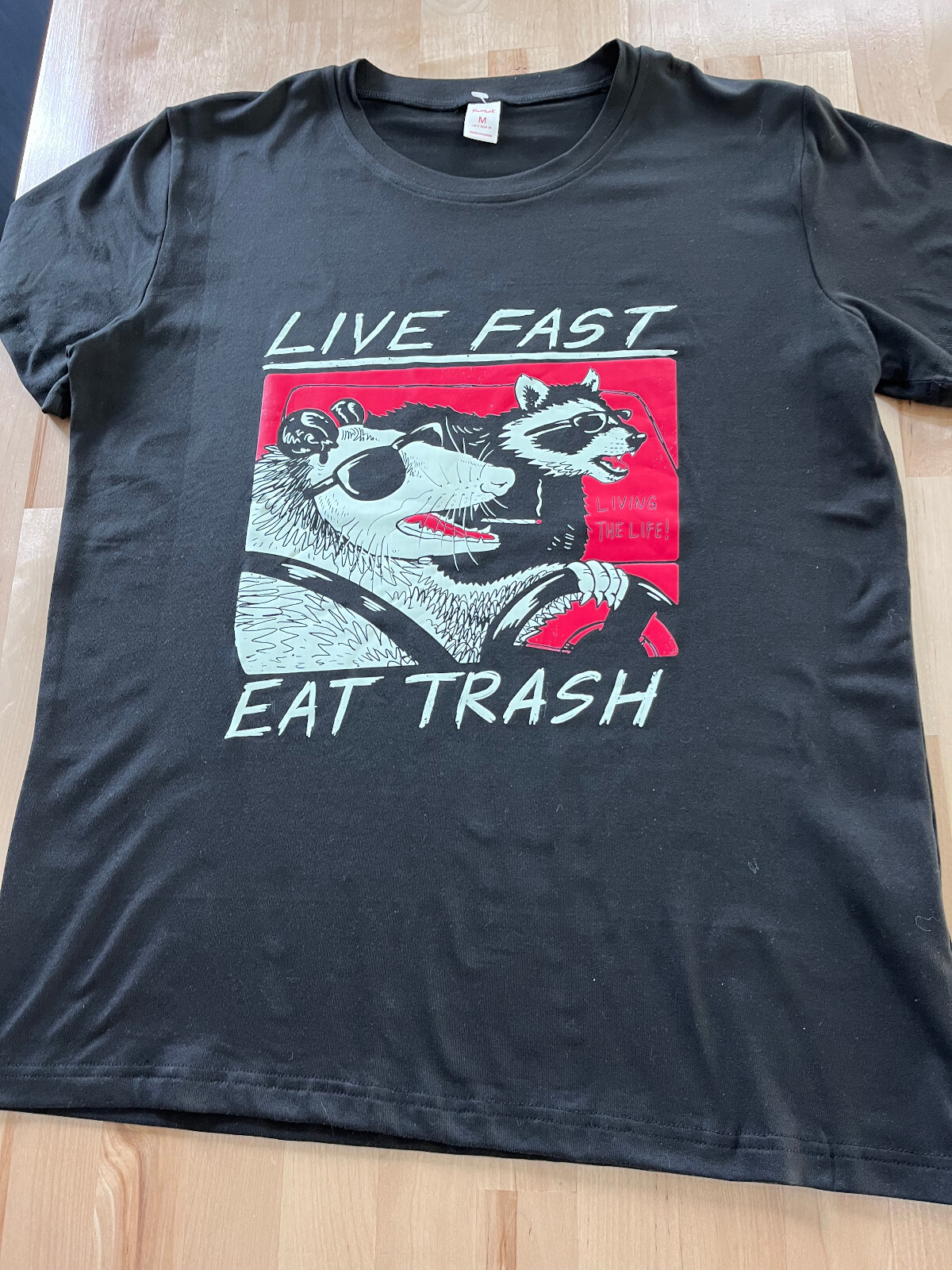 ROMWE Live Fast Eat Trash Racoon/Possum Graphics Black T-shirt- Unisex Sz M