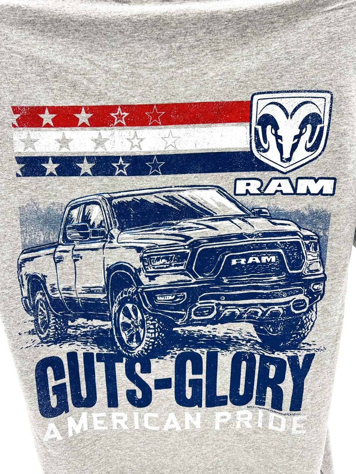 Gray T-Shirt w/ Dodge Ram Truck & “Guts Glory American Pride” Script – Licensed