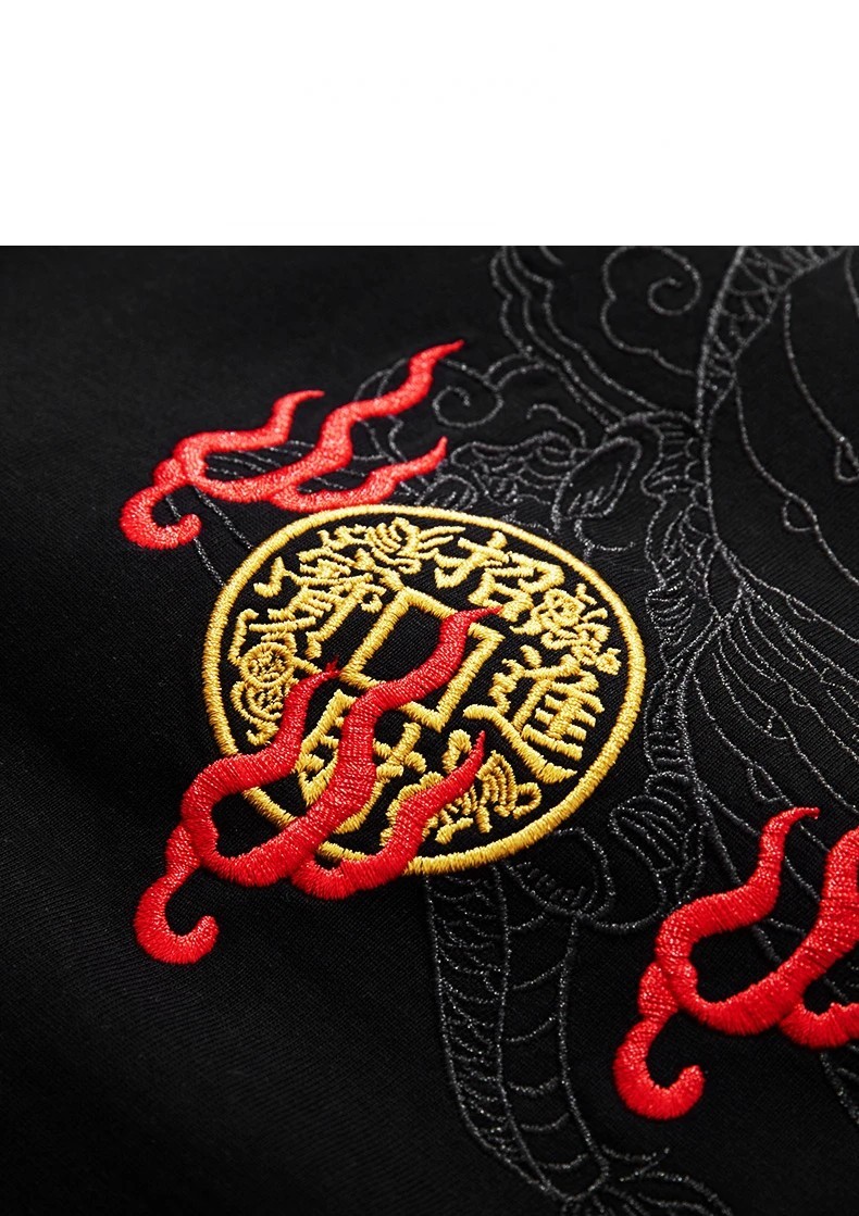 Men Embroidery Dragon T Shirt Hip Hop Streetwear Cotton Short Sleeve Tee