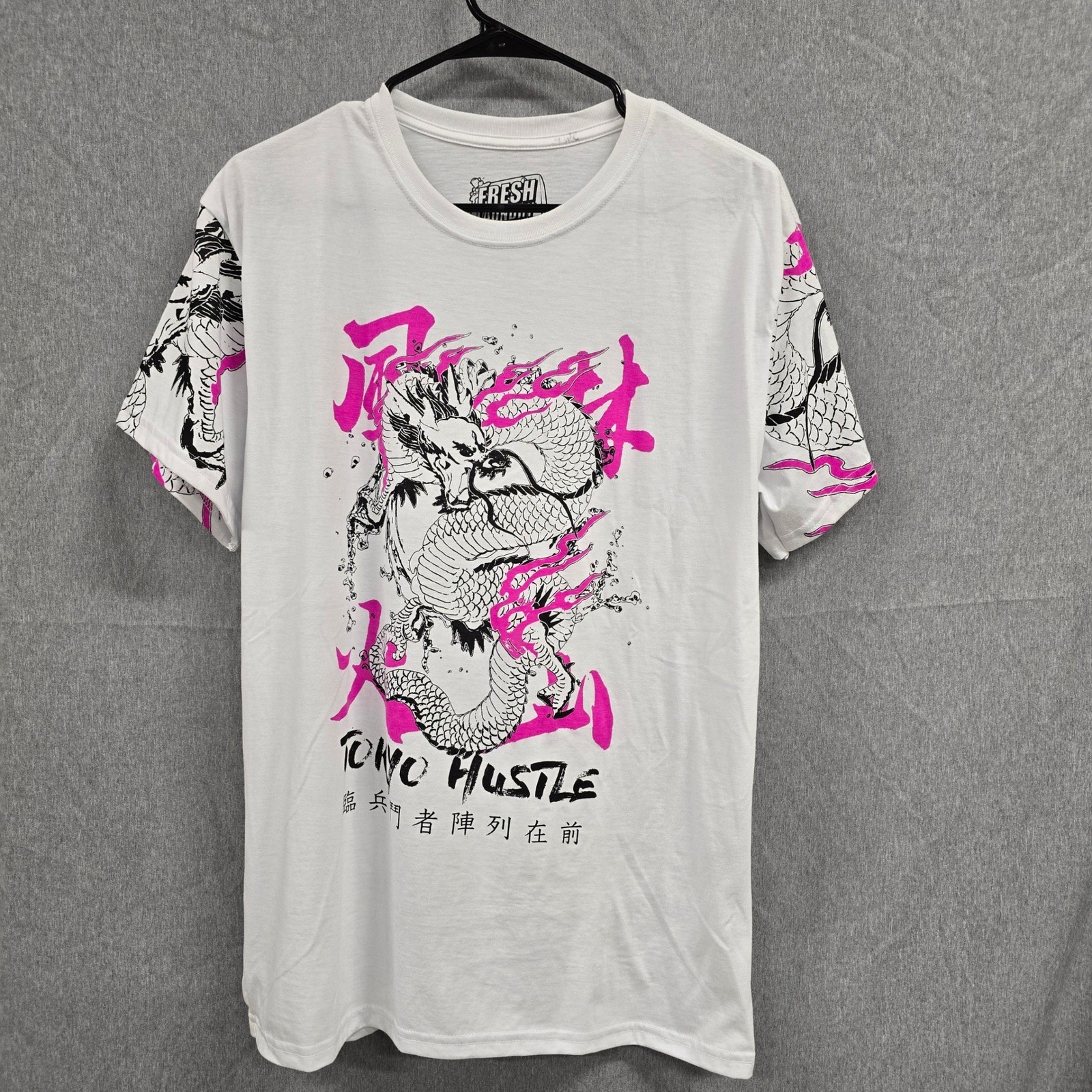 Fresh Laundry Tokyo Hustle Dragon Graphic Tee White Pink Mens Large Streetwear