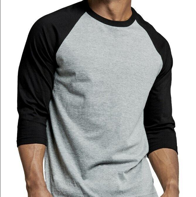 Men’s Cotton Raglan Sleeve Baseball Tee Shirt Black/L. Gray LongSleeve-Pick Size