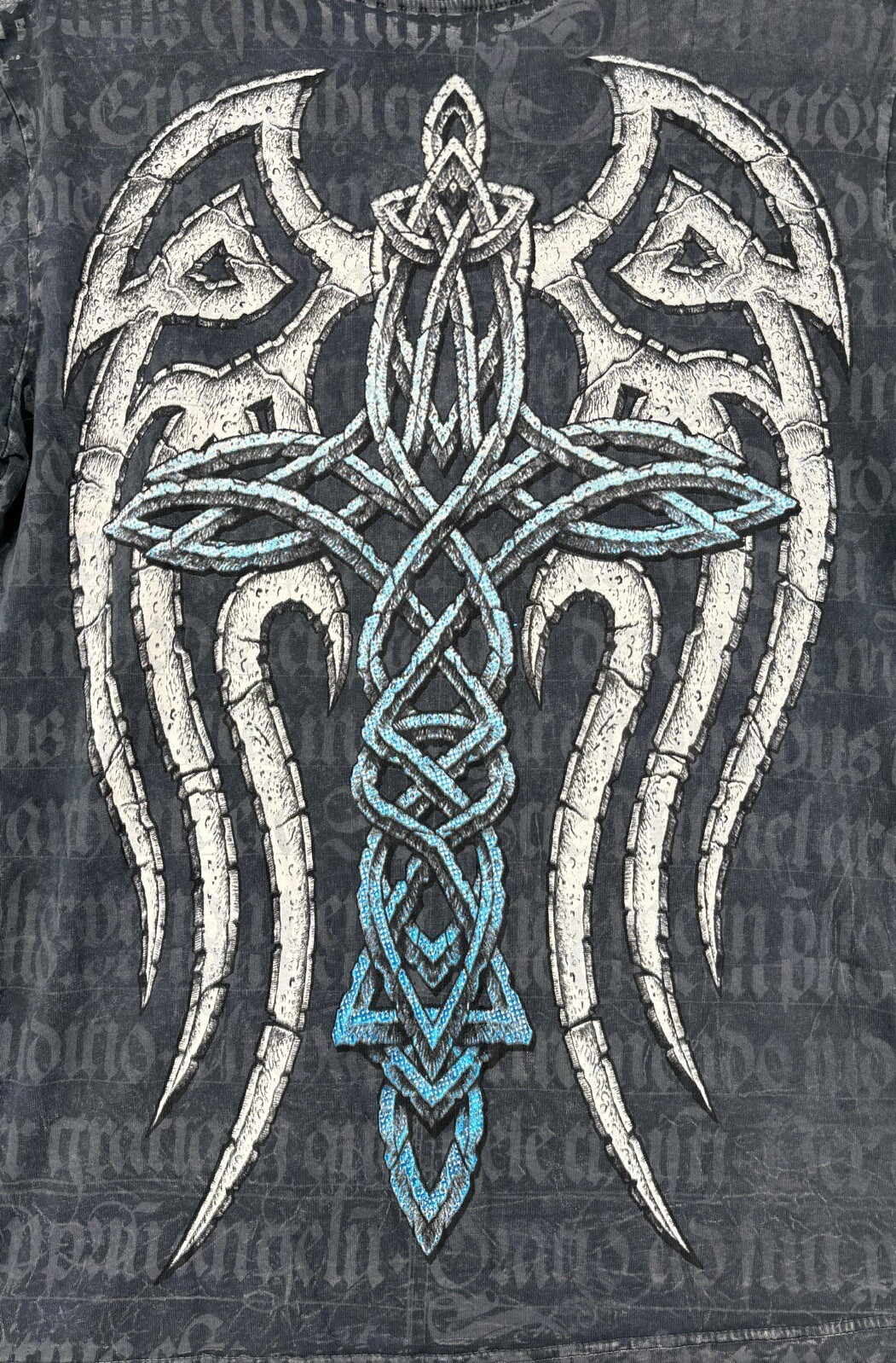 Affliction LIVE FAST SHIELD WINGED T Shirt Gray Blue Foil Accents Men’s M Grunge