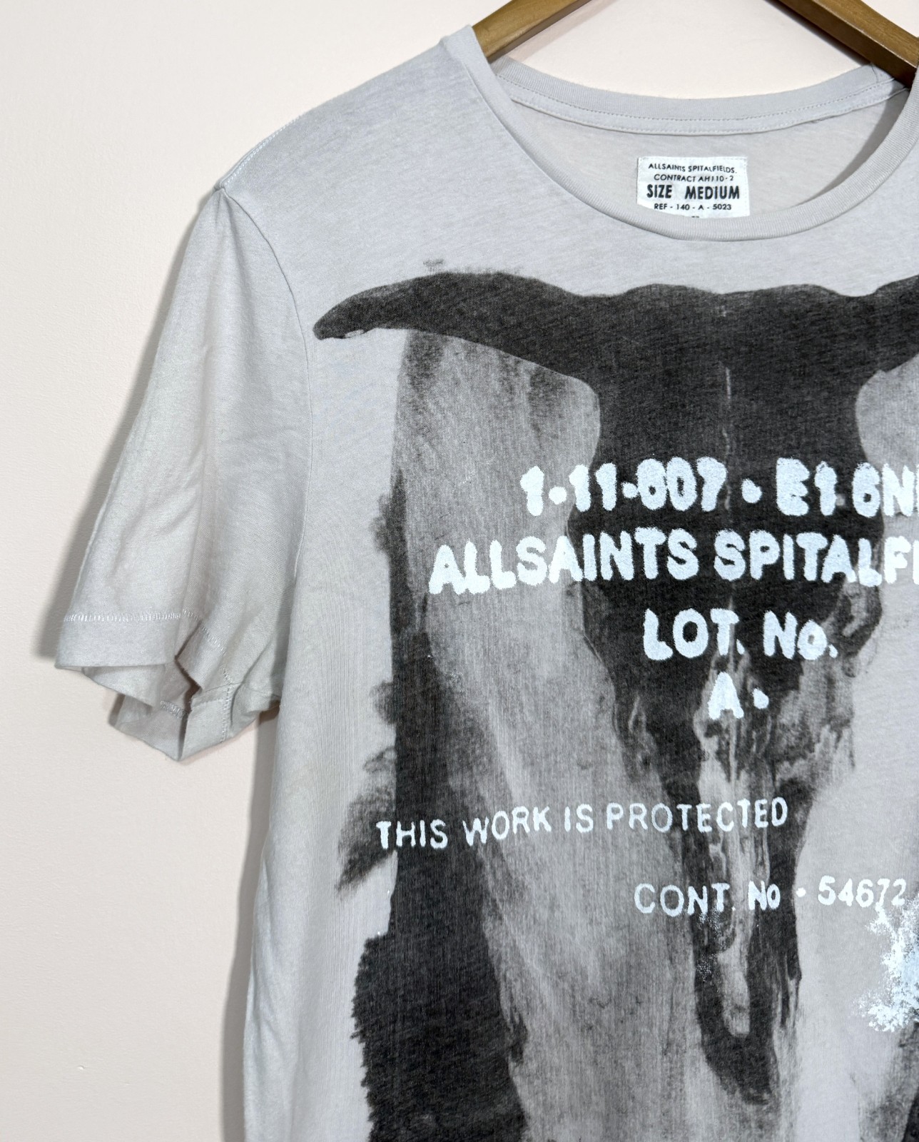 AllSaints Vintage Mens BLEEDING RAMSKULL Crew Neck T Shirt MEDIUM Grey Biker Tee