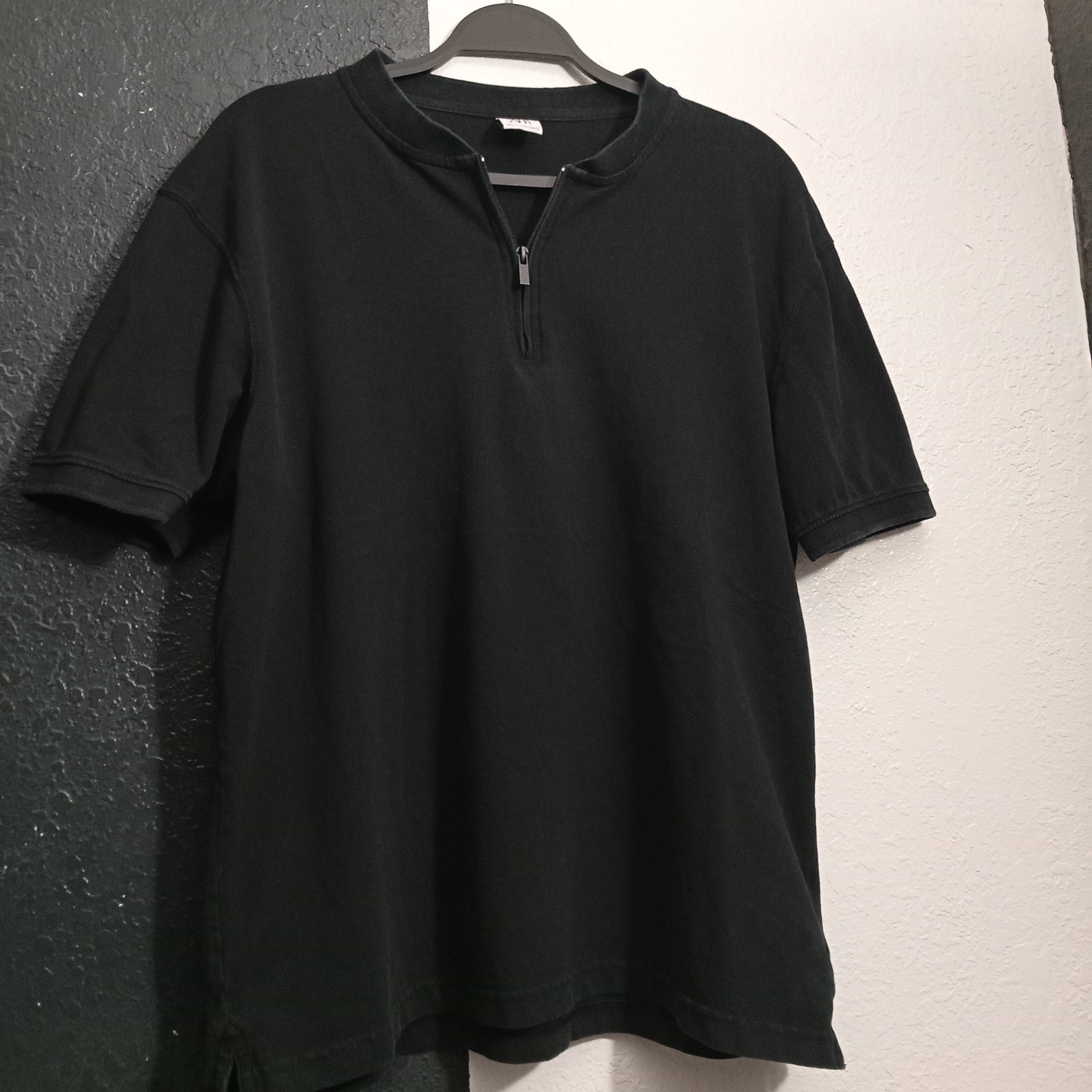 Zara 1/4 Zip T-Shirt Mens Large Black Short Sleeve Casual Top
