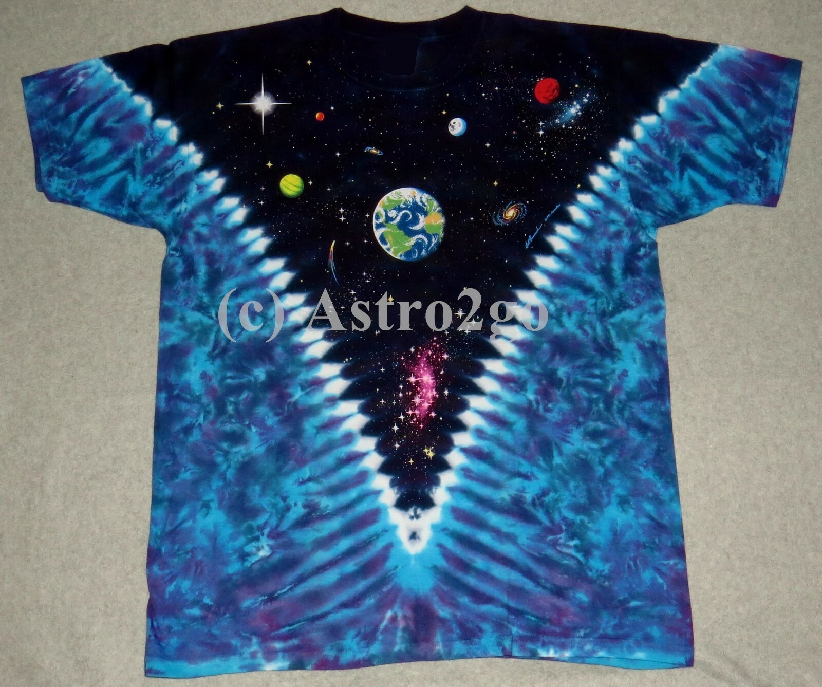 SPACE TOP–Liquid Blue Tie Dyed 2 sided Astronomy Science Planets T shirt M-8XL