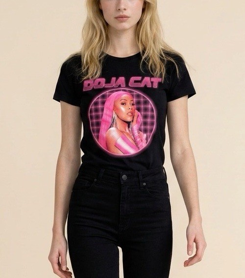 Doja Cat Black/Pink Graphic Logo Tee, Cotton Knit Crew Neck, XL Regular Fit