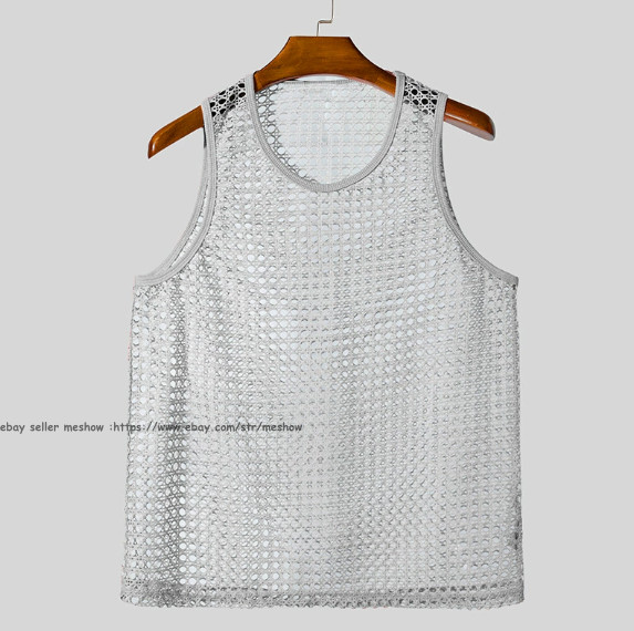 Mens Knitted Crochet Tank Tops Summer Hollow Sleeveless T-shirt Scoop Neck Shirt
