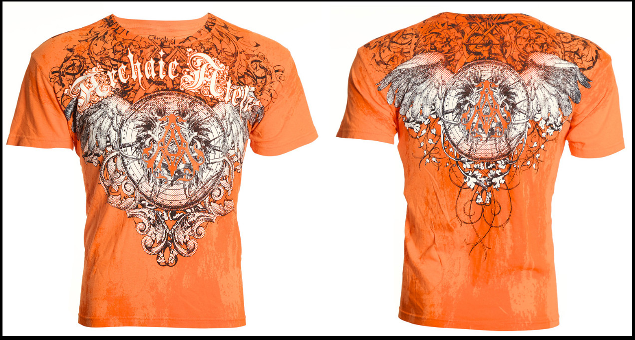 ARCHAIC by AFFLICTION Orange HERMETIC Short Sleeve Slim Fit Y2K T-shirt NWT