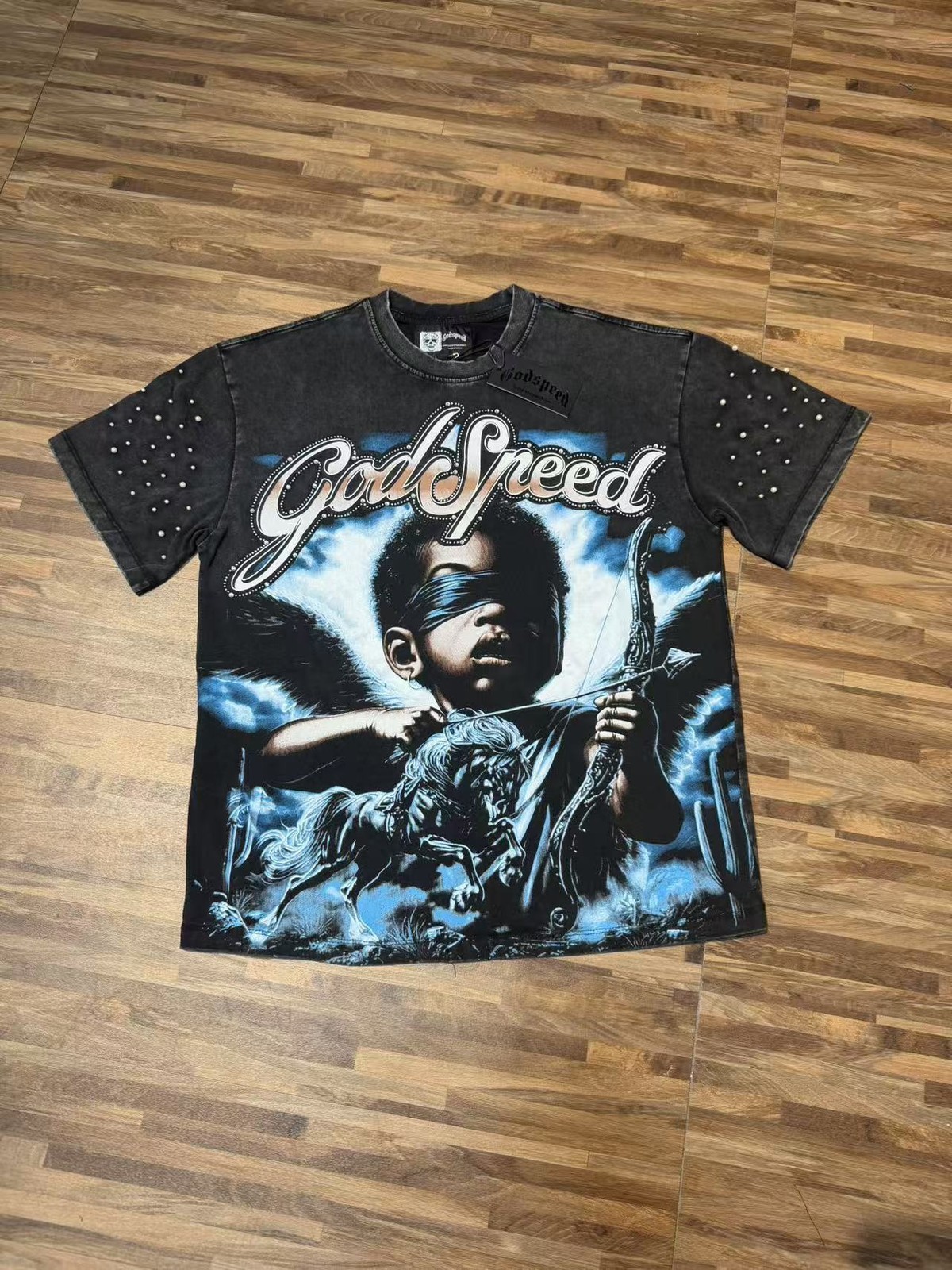 Mens NEW Godspeed Skeleton Blindfolded child angel print Short sleeved T-shirt