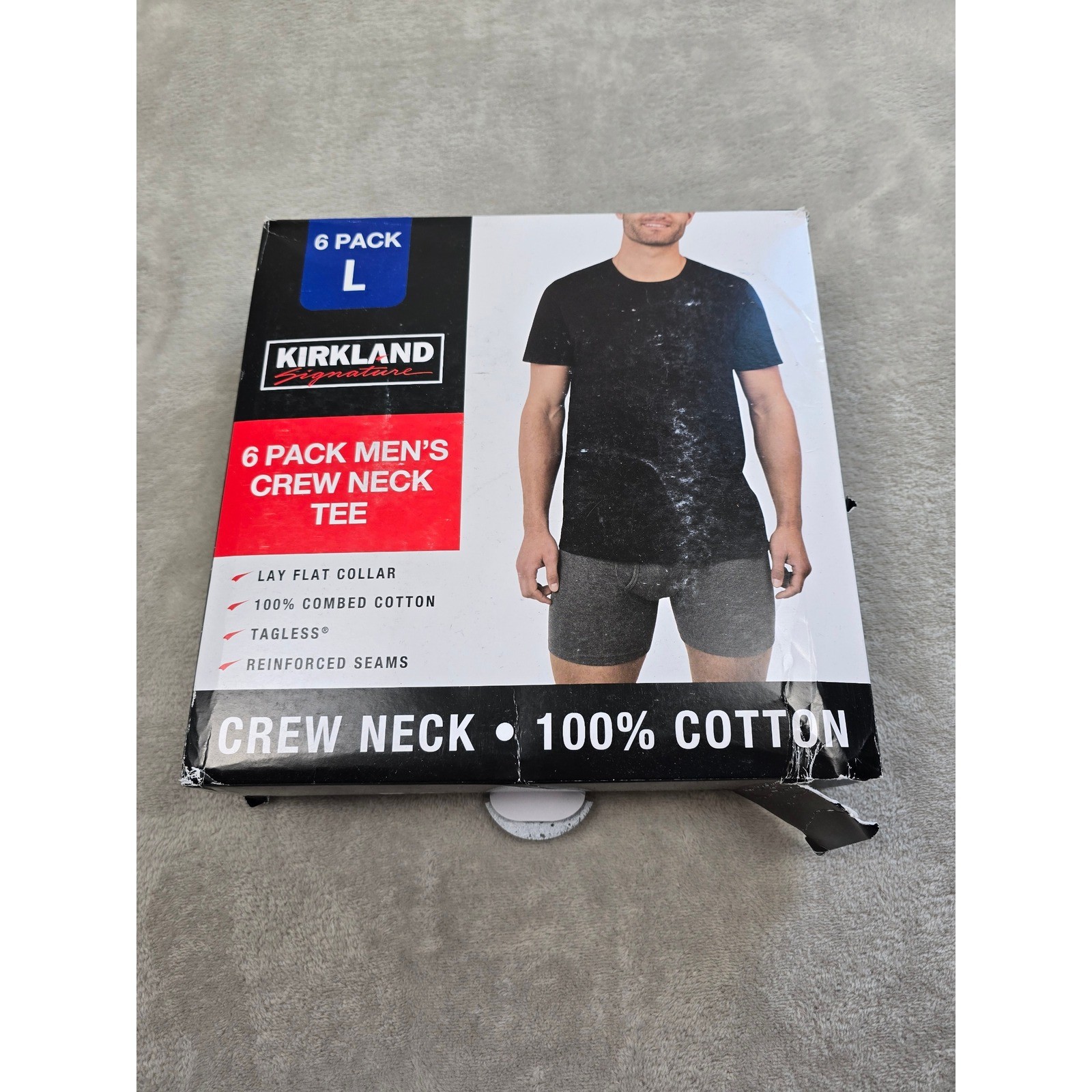 Kirkland Signature Crew Neck Tee Shirts Men Large Black 6 Pack Cotton Tagless