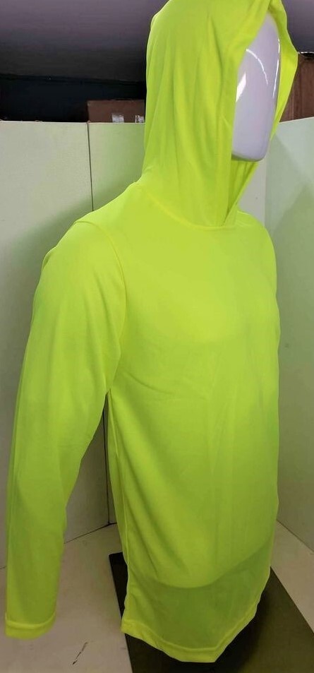 Neon Yellow Long Sleeve Shirt With Hoodie, Polyester birdeye mesh fabric