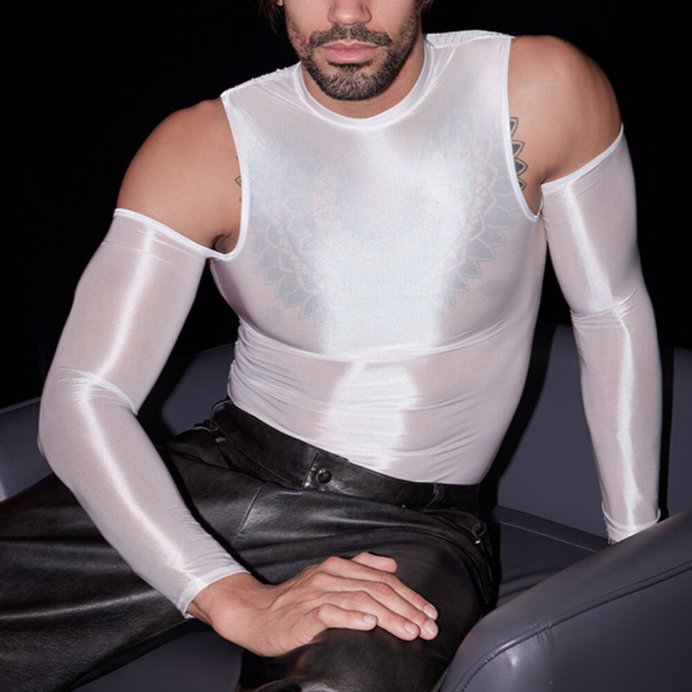 Men Tights Tops Shirt T-shirt Sexy Hollow Out Oiled Shiny Party Clubwear Fashion