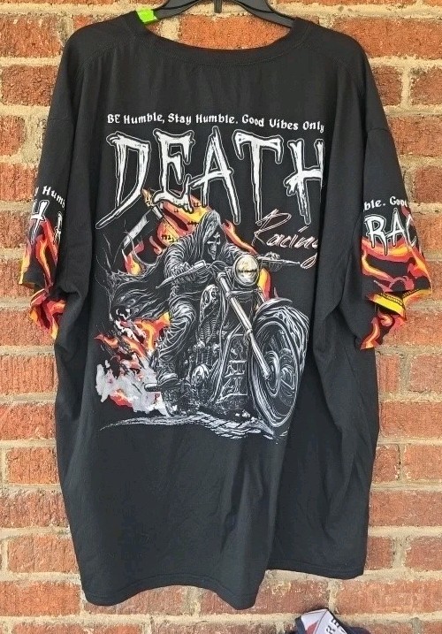 Fresh Laundry Graphic T-Shirt Death Motorcycle Racing Flames Vibes Humble Sz 4XL