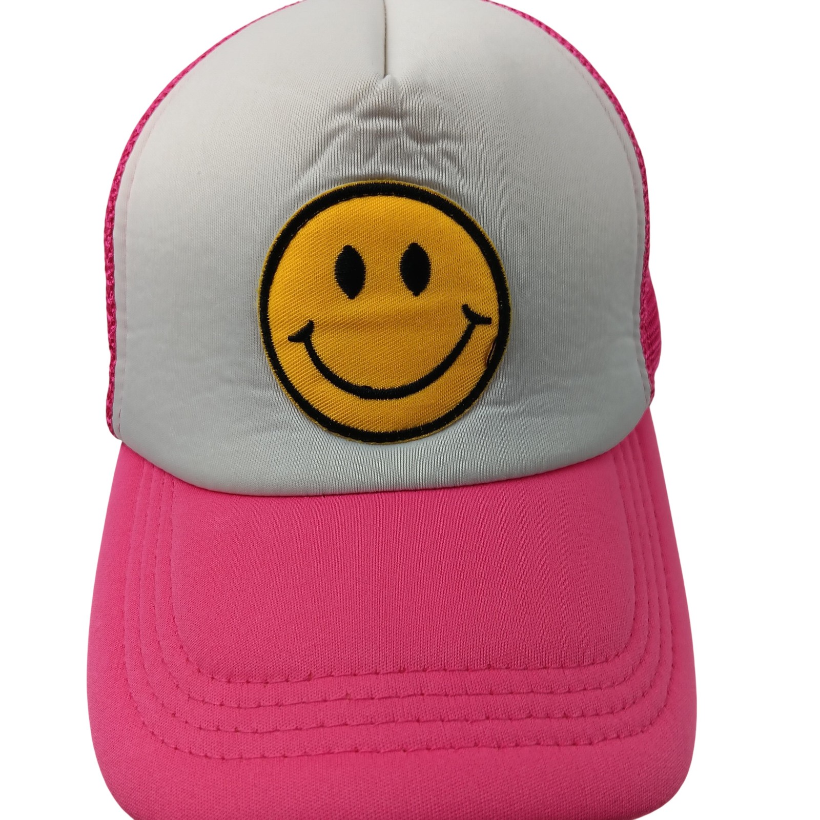 Smiley Face Hat Cap Snap Back Pink White Mesh Trucker Embroidered Patch Mens Fun