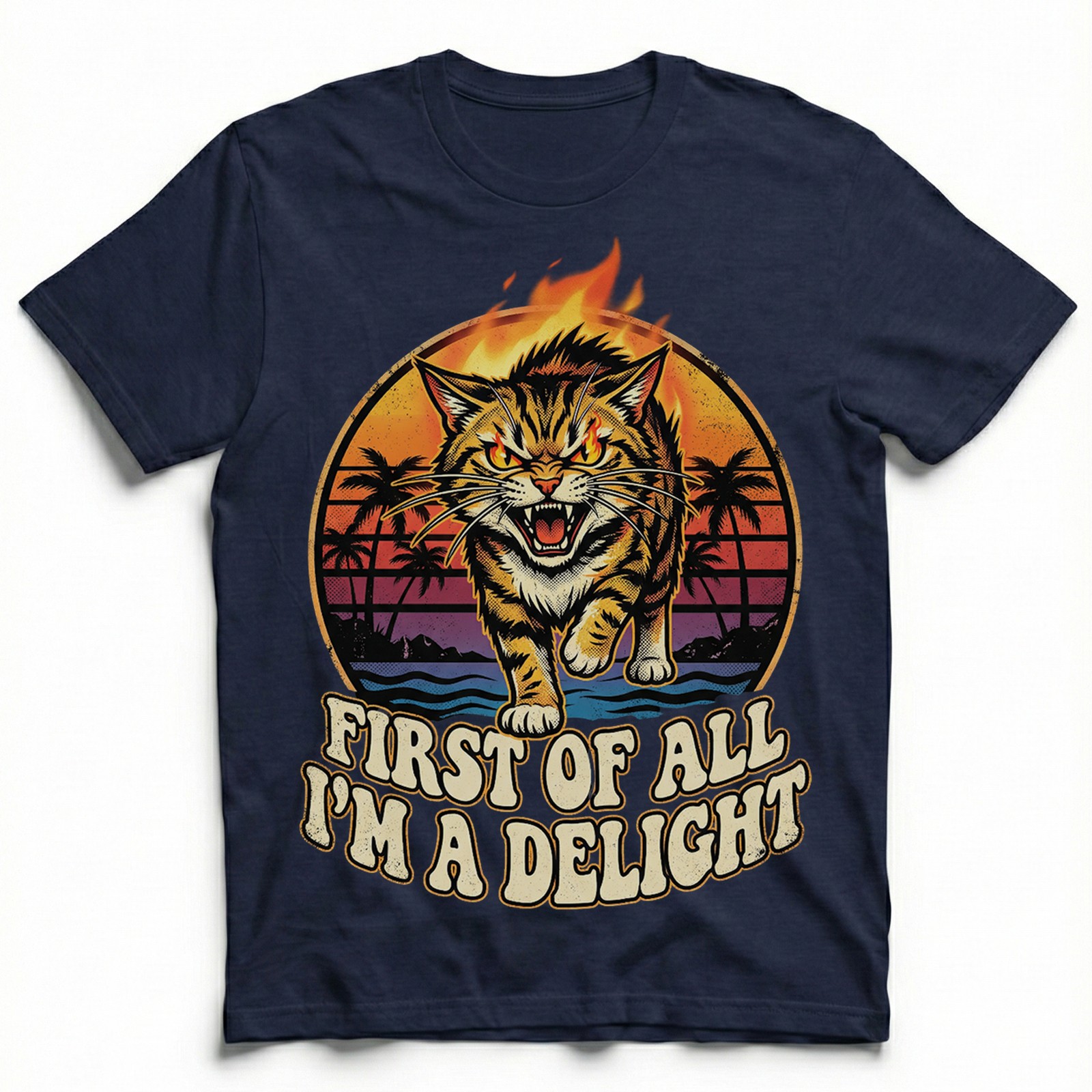 Angry Tiger Fire Eyes Tropical Beach Tee Retro Sunset Palm Trees T-Shirt