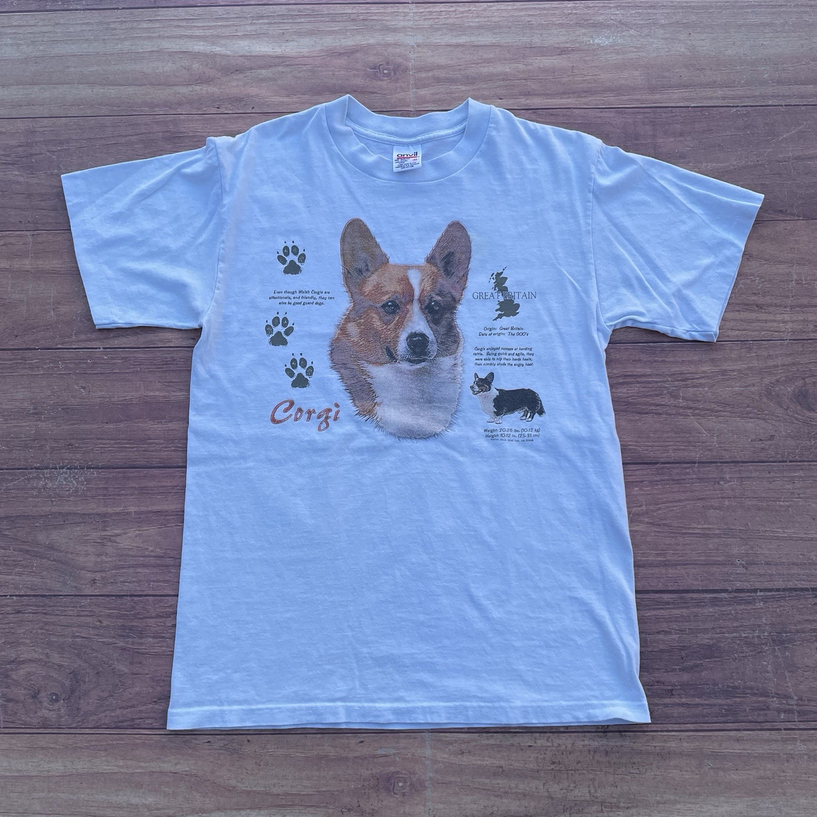 Vintage 90s RARE Corgi Great Britain Animal Dog Breed Shirt Size M Sky Blue Tee