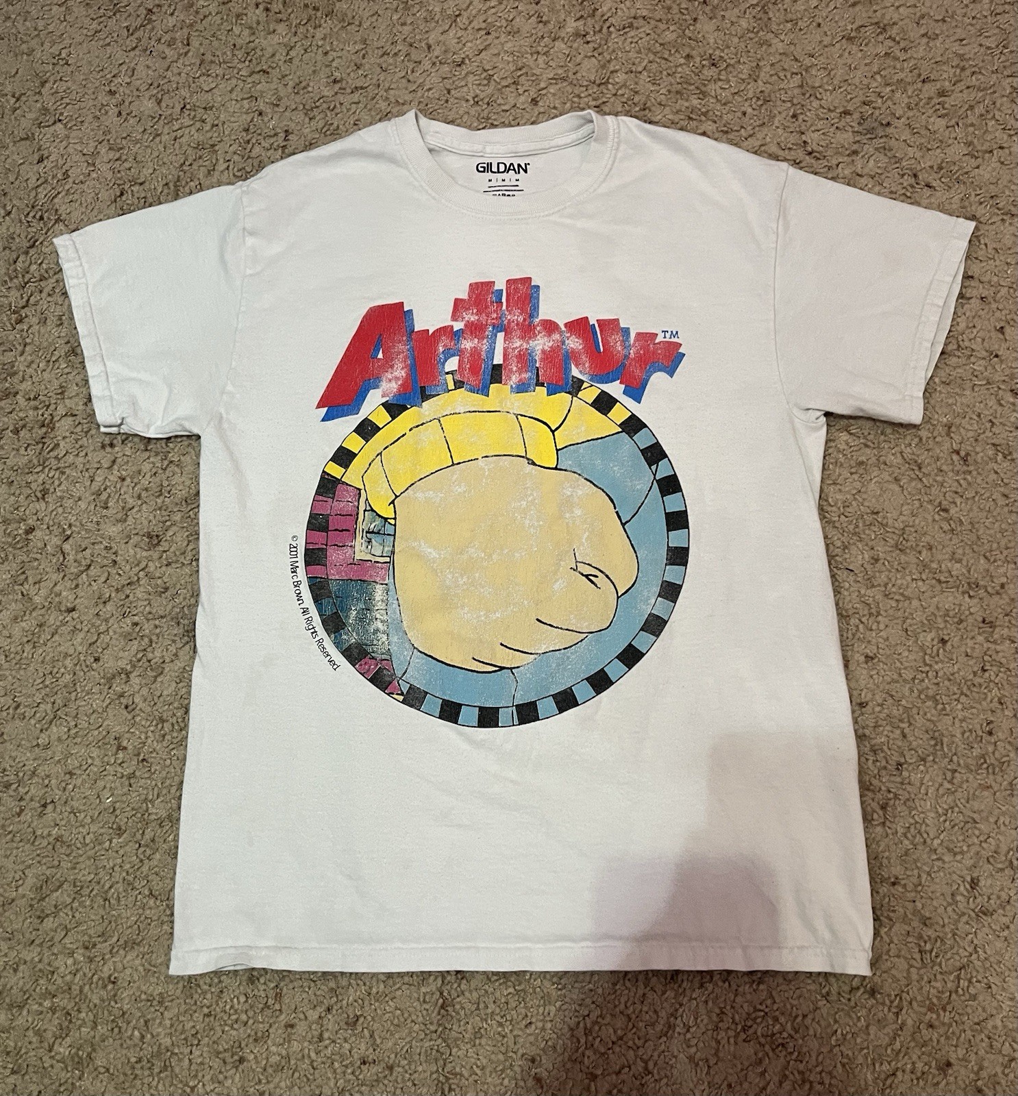 Vintage 2001 Arthur Fist T-shirt Medium Cartoon Tv Show Meme White Grahpic Tee.