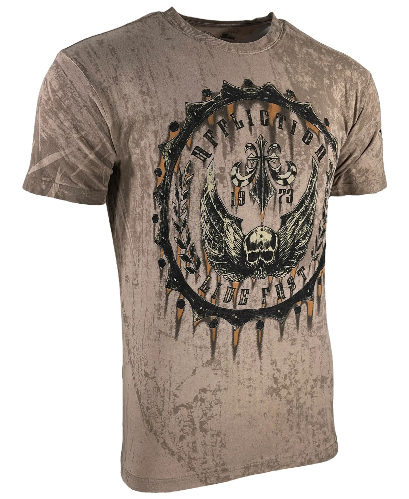 Affliction Men’s T-Shirt Rustproof Skull Wings Biker Sand S-5XL