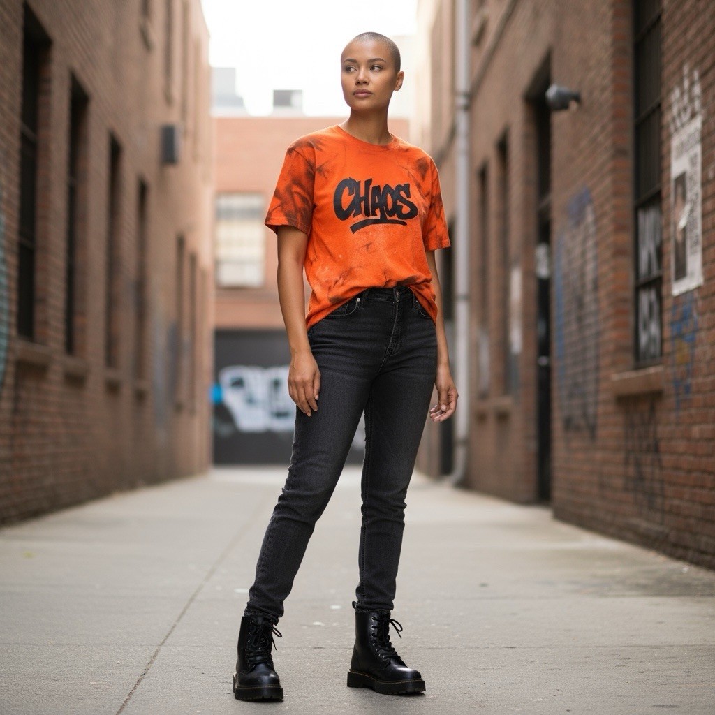 Custom Orange CHAOS Graphic Tee Handmade Spray Effect Shirt Streetwear