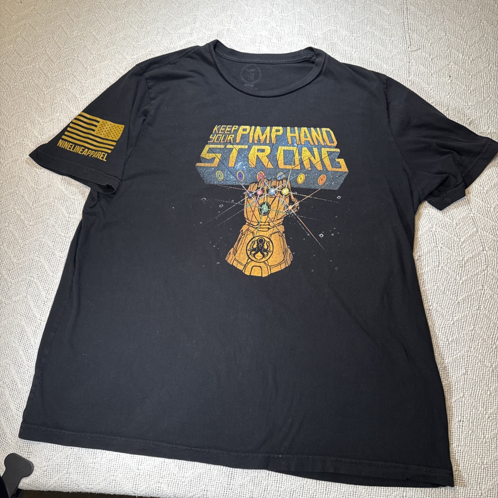 Mens Nine Line T-shirt Marvel Thanos Keep Pimp Hand Cotton Strong American