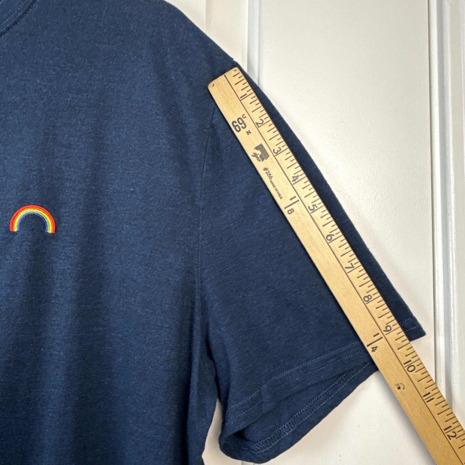 Threads 4 Thought Men’s T-Shirt Blue Short Sleeves Rainbow Embroidery Large