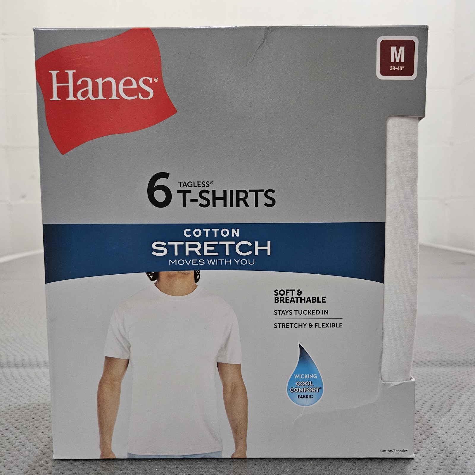 Hanes Men’s Tagless 6 White Crew Neck Cotton Stretch Pack Size M 38-40