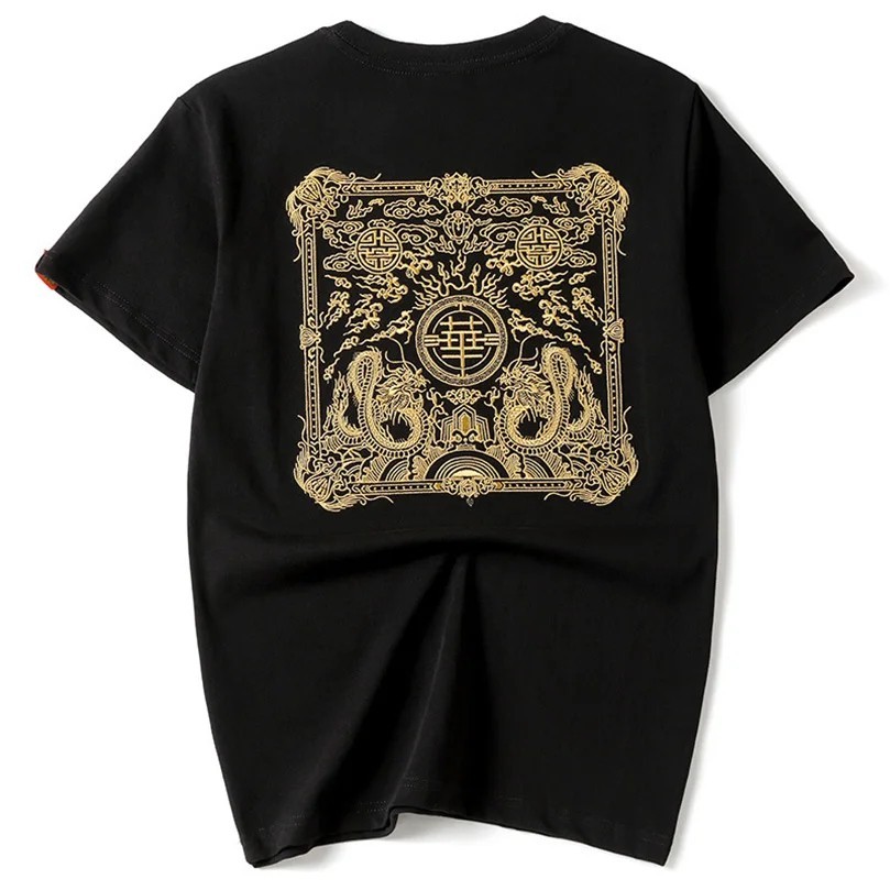 Men Embroidered Dragon T Shirt Chinese Style Streetwear Crew Neck Summer Tee Top