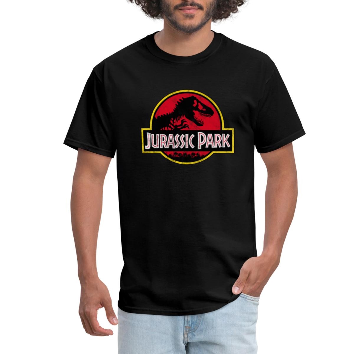 Jurassic Park Classic Logo In Red With T-Rex Men’s T-Shirt