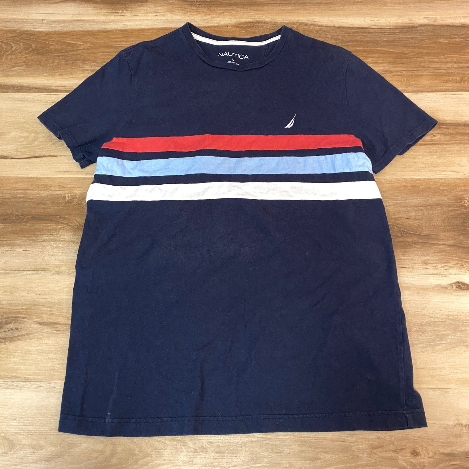Nautica Mens Large Navy Blue Red White Striped Short Sleeve Cotton T-Shirt Logo
