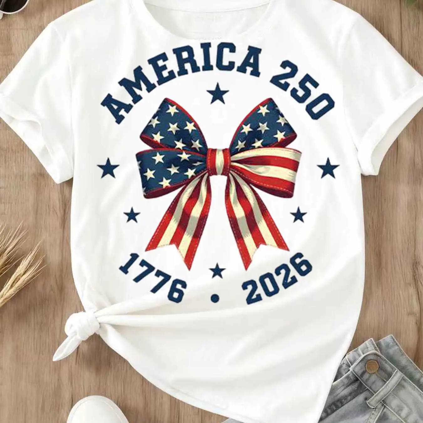 America 250 Stars And Stripes Bow Print T Shirt White Crew Neck Casual Top