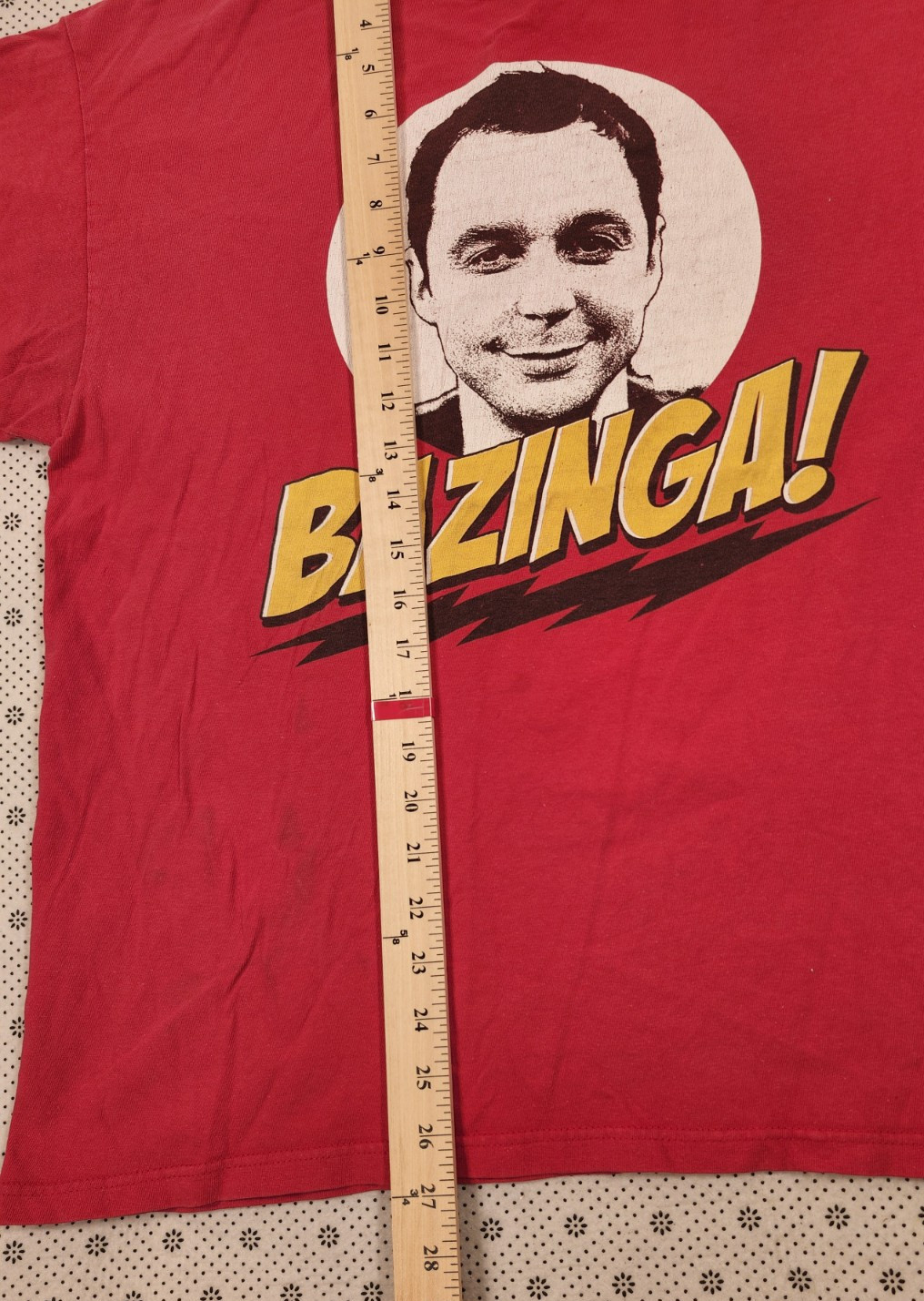 Bazinga The Big Bang Theory Mens LARGE T-Shirt Sheldon Cooper Red Graphic Tee