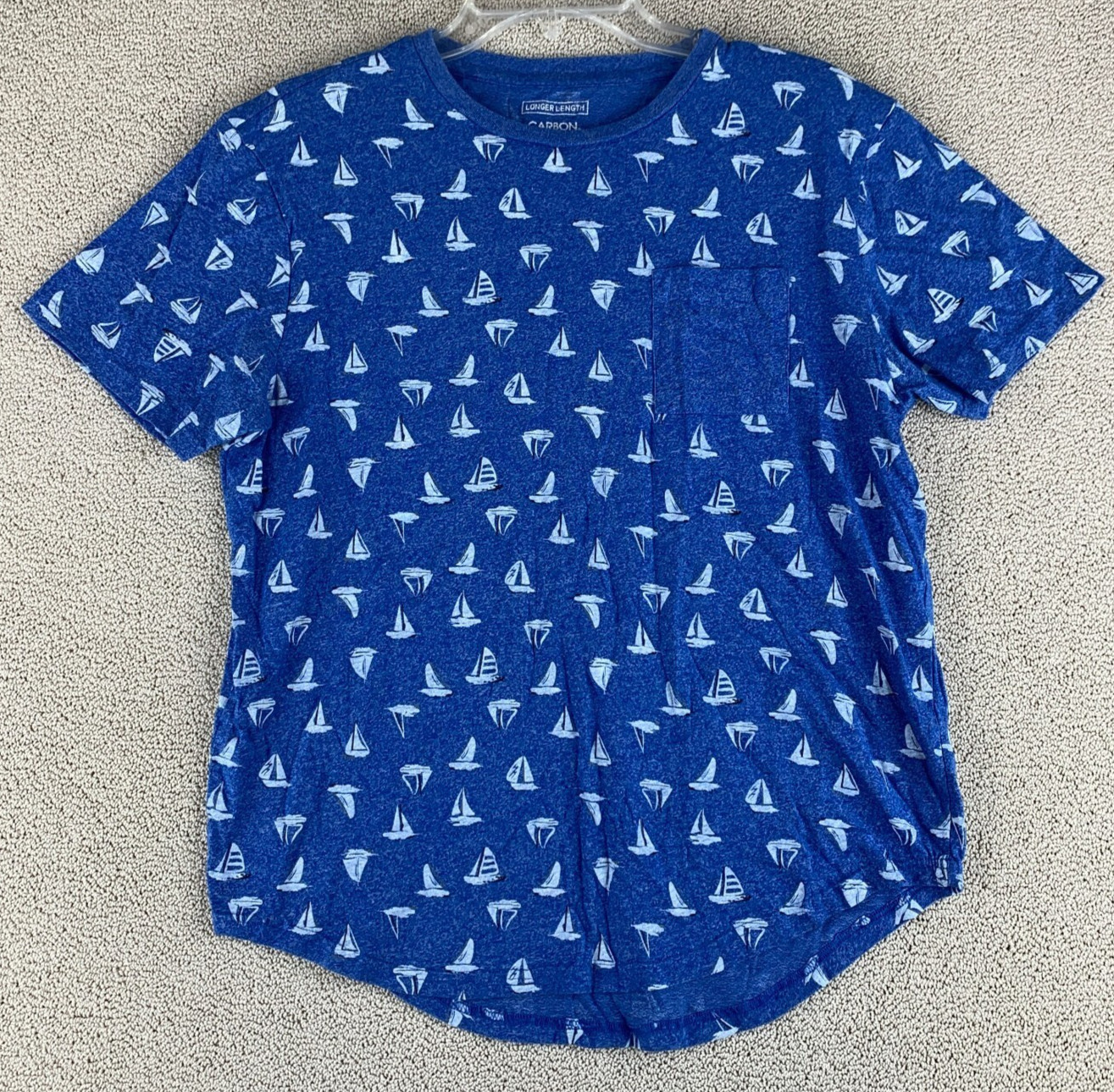 Carbon Longer Length Knit T Shirt Tee Men’s M Blue Sail Boat Print Nautical