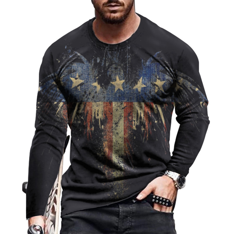 T-Shirt Men Long Sleeve Eagle USA American Flag Print T Shirt Vintage Activewear