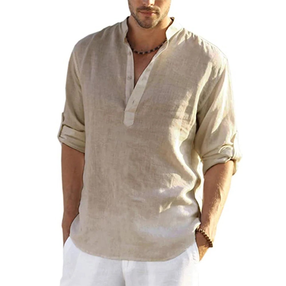 Men’s Cotton Linen Henley Long Sleeve Shirt Casual Beach T-shirt Tee Summer Gift