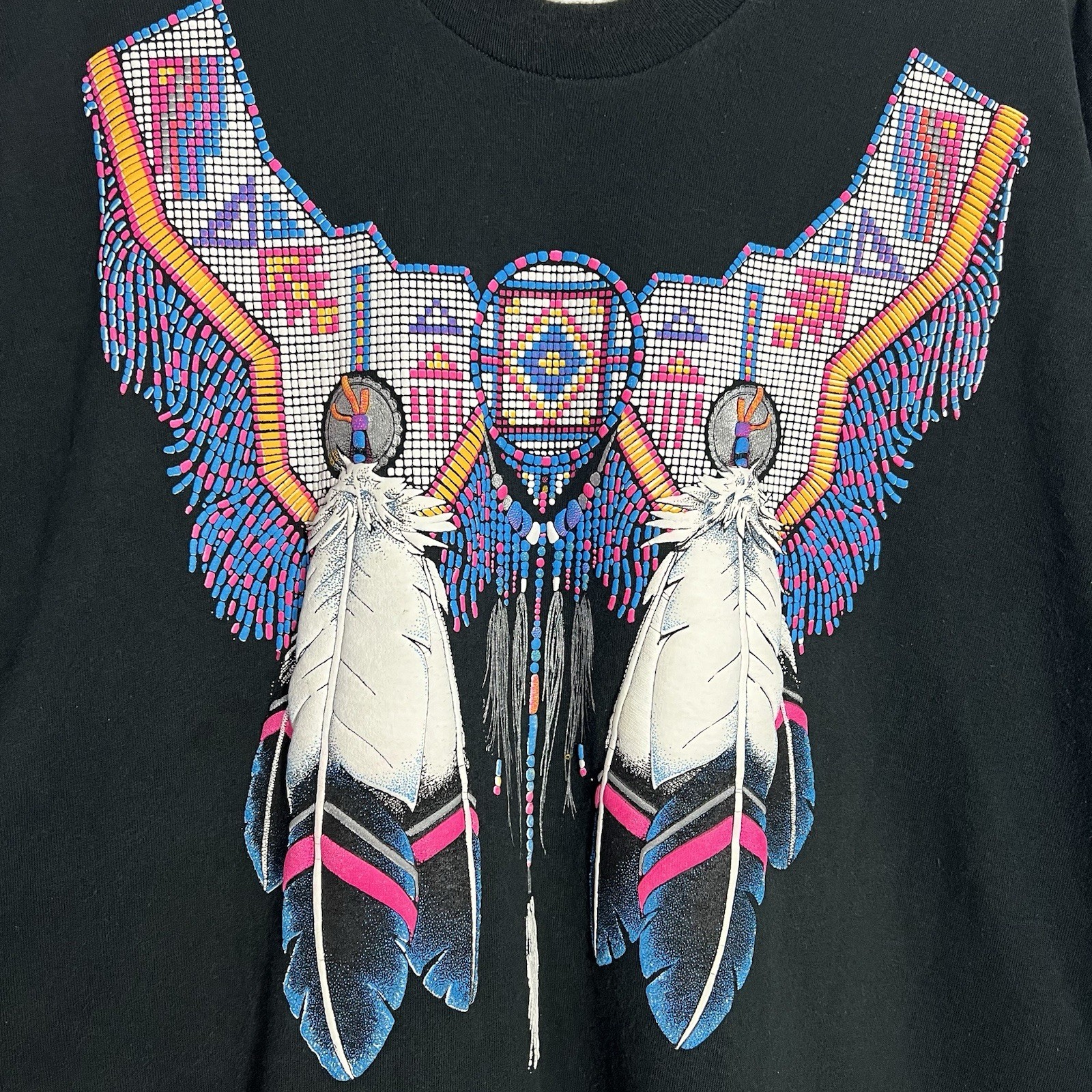 Vintage Four Corners USA Beaded Feather Black Single Stitch T-Shirt Adult XXL