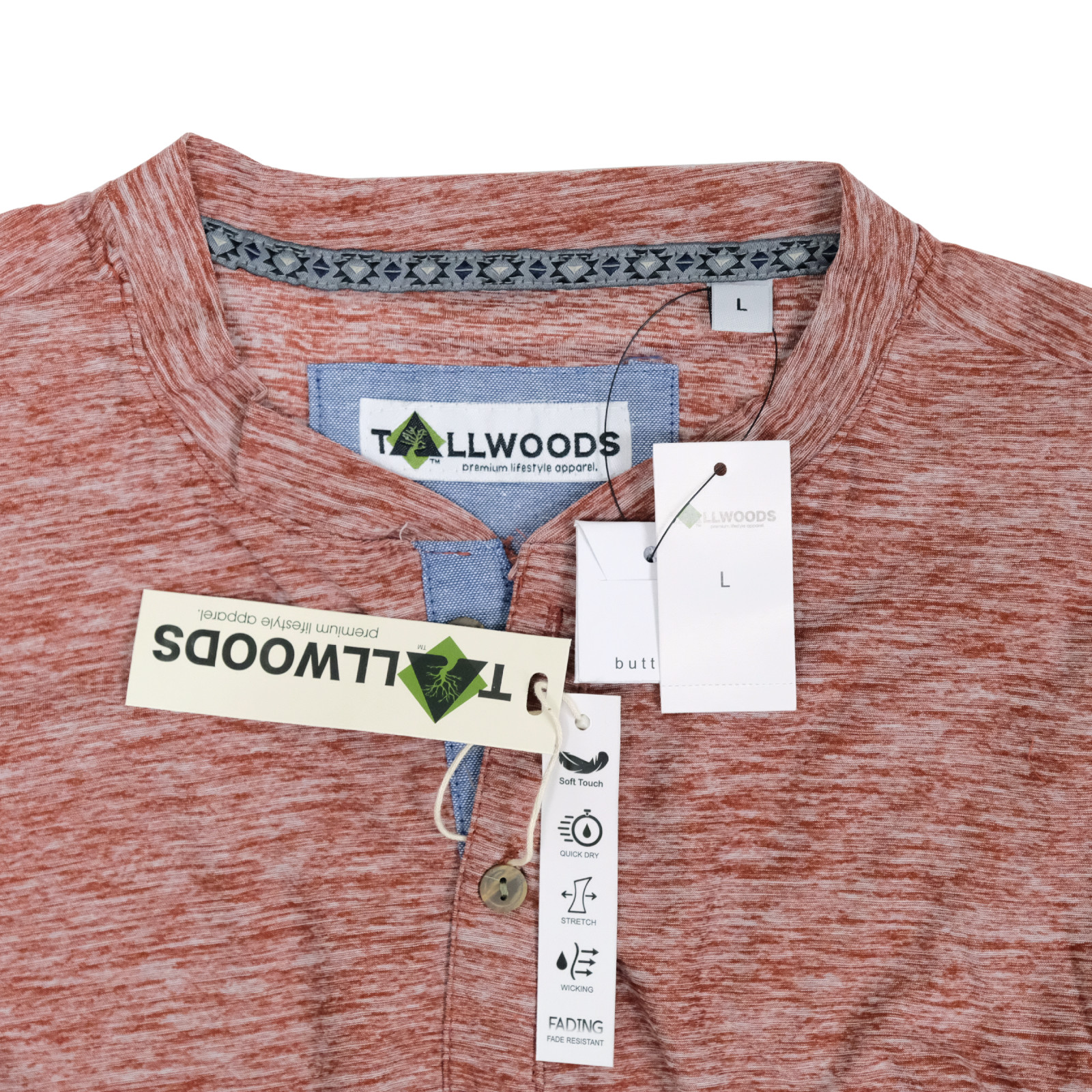 TALLWOODS Mens Supersoft Long Sleeve Henley Shirt Red Rust Size Large