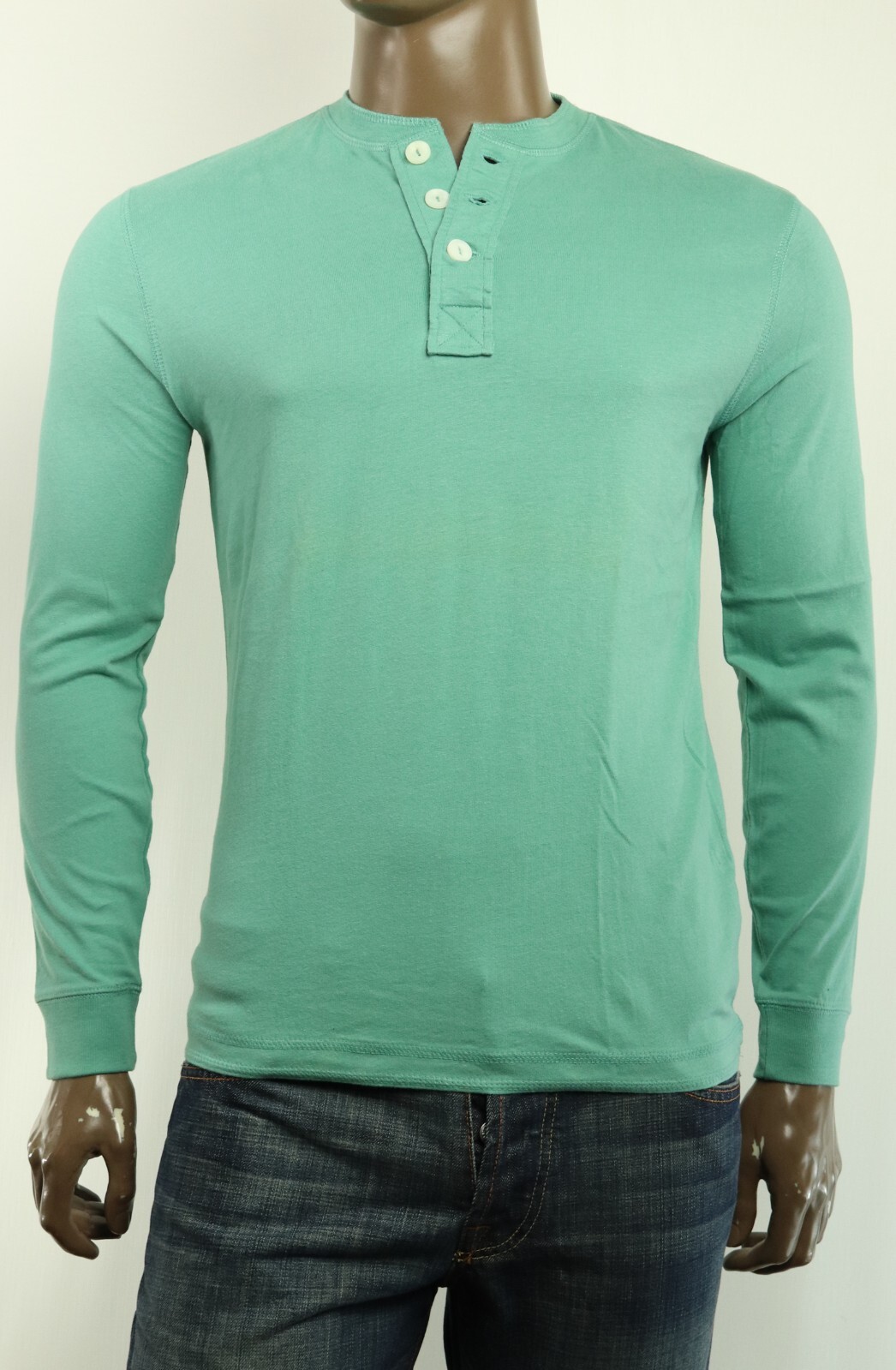 New JA John Ashford Mens Henley Neck Long Sleeve Green Cotton T Shirt S
