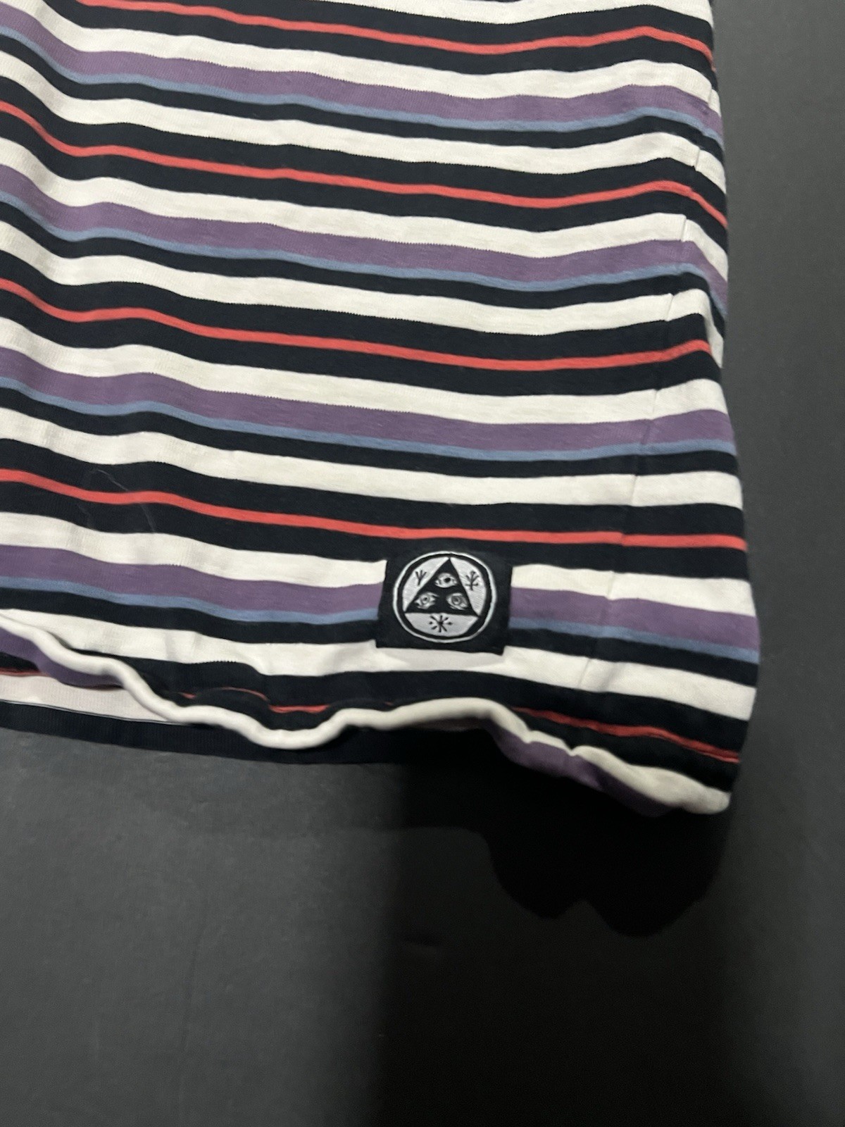 Welcome Skateboards multicoloured striped tee Size S armpit stains #skateboard