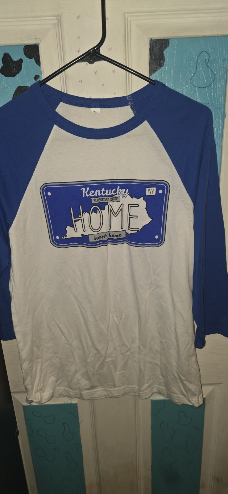 Soffee Kentucky Home Graphic Raglan 3/4 Sleeve Crew Neck T-Shirt XL Blue/White