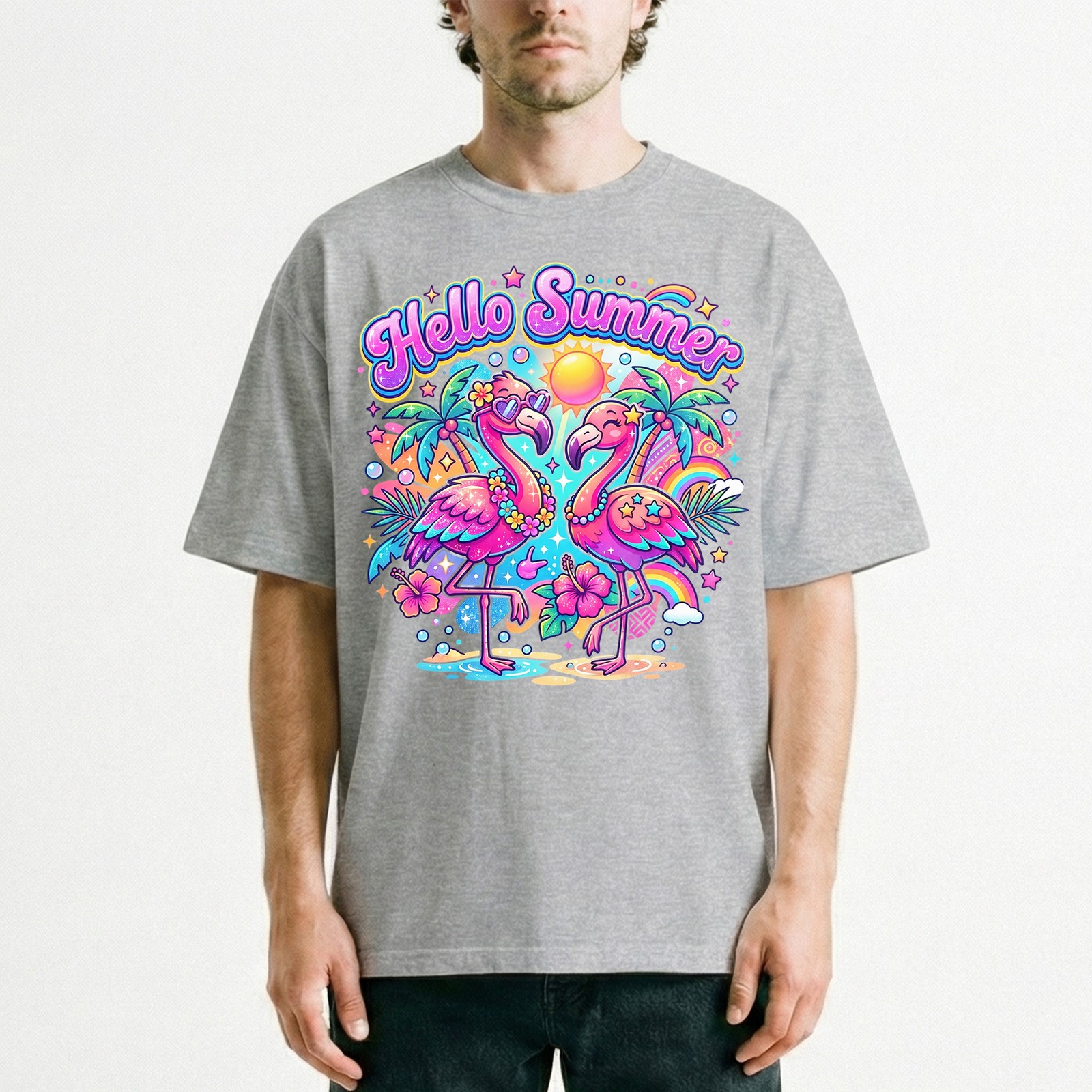 Hello Summer Tropical Flamingo T-Shirt Retro Neon Beach Vacation Holiday Tee