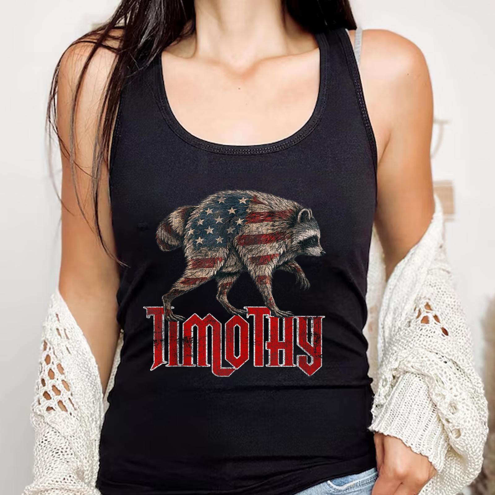 Vintage Raccoon Jimothy American USA Flag Raccoons Fans Tank Top