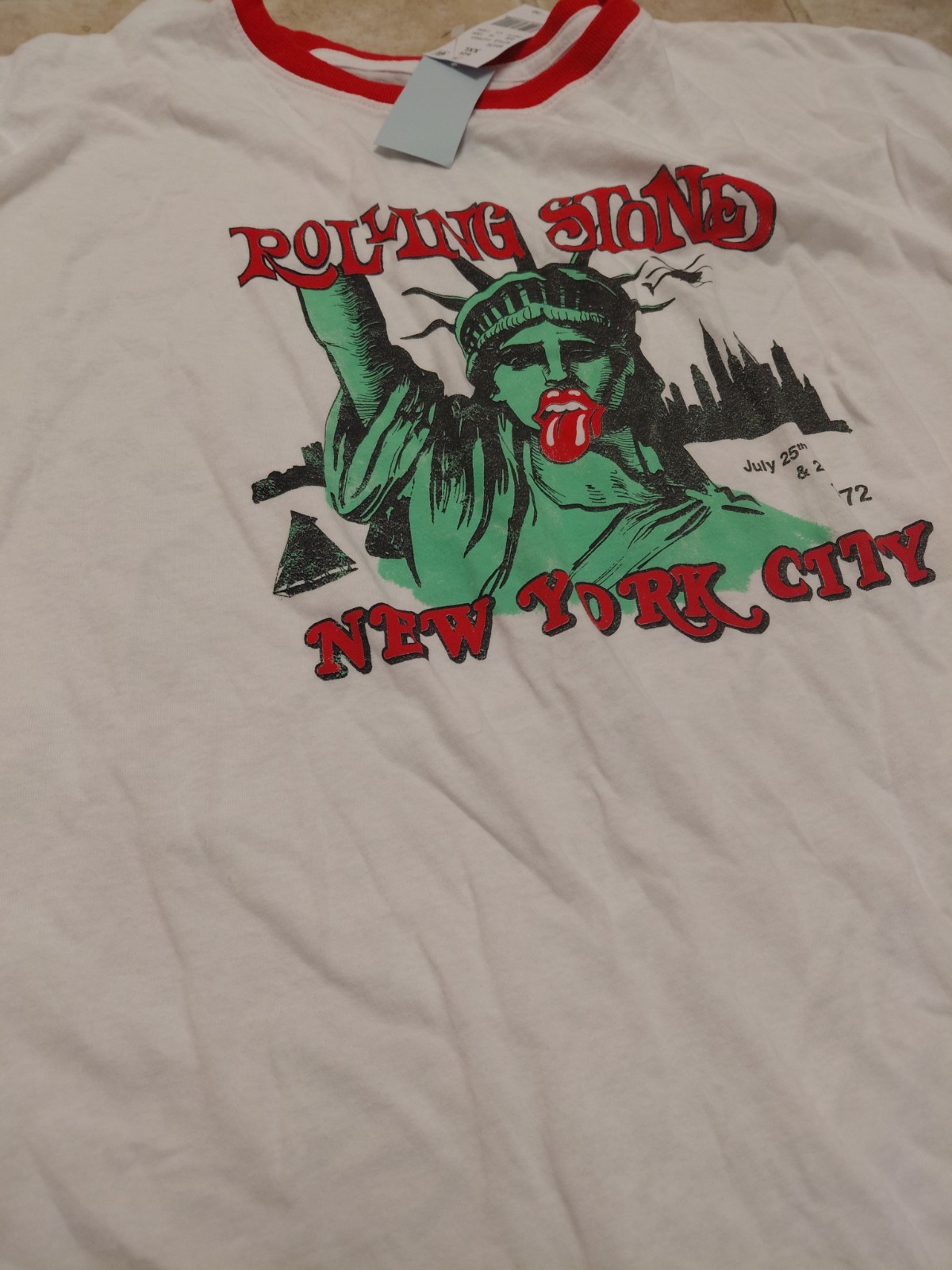 Rolling Stones New York City 1972 T-Shirt XXL White Ringer Tee Statue Liberty