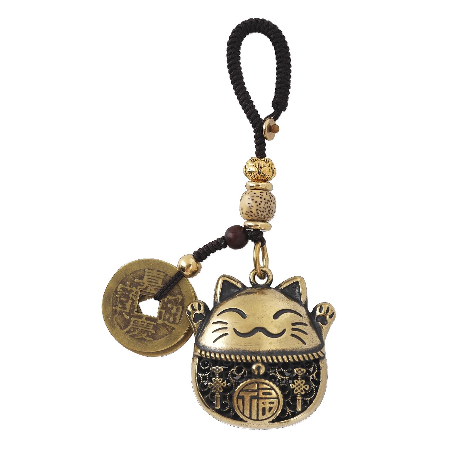 Brass Lucky Cat Keychain with Five Emperors Money Feng Shui Coins, Maneki Nek…